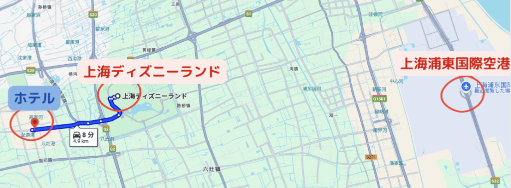 上海ディズニー・空港・ホテルのマップ